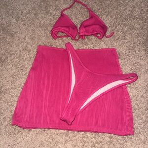 SHEIN Hot Pink Ribbed Triangle Bikini Set with Skirt